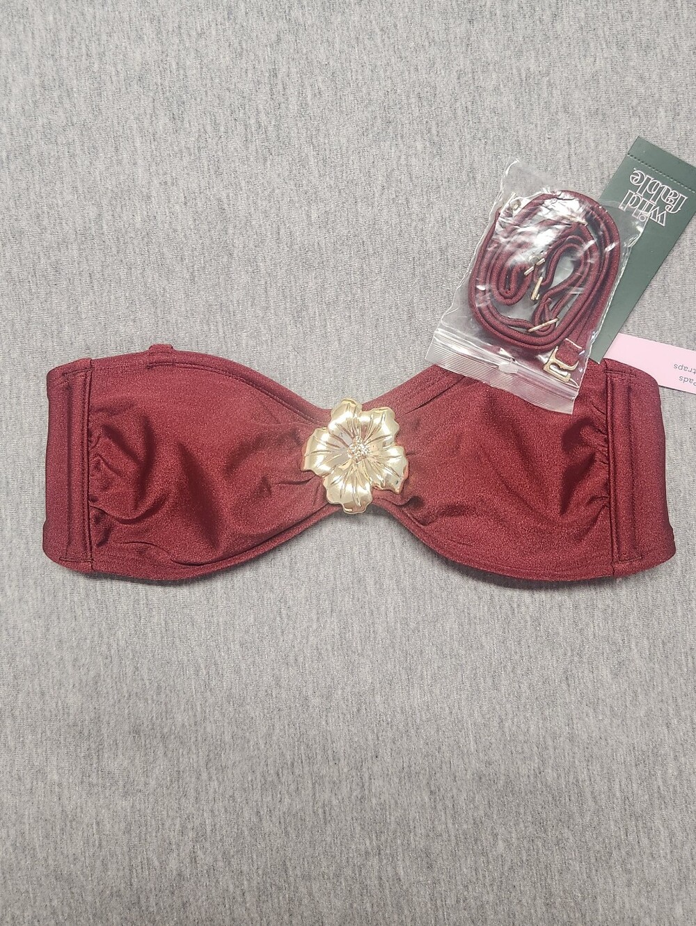 Wild Fable High‑Shine Metal Hardware Bandeau Bikini Top – Burgundy XXS